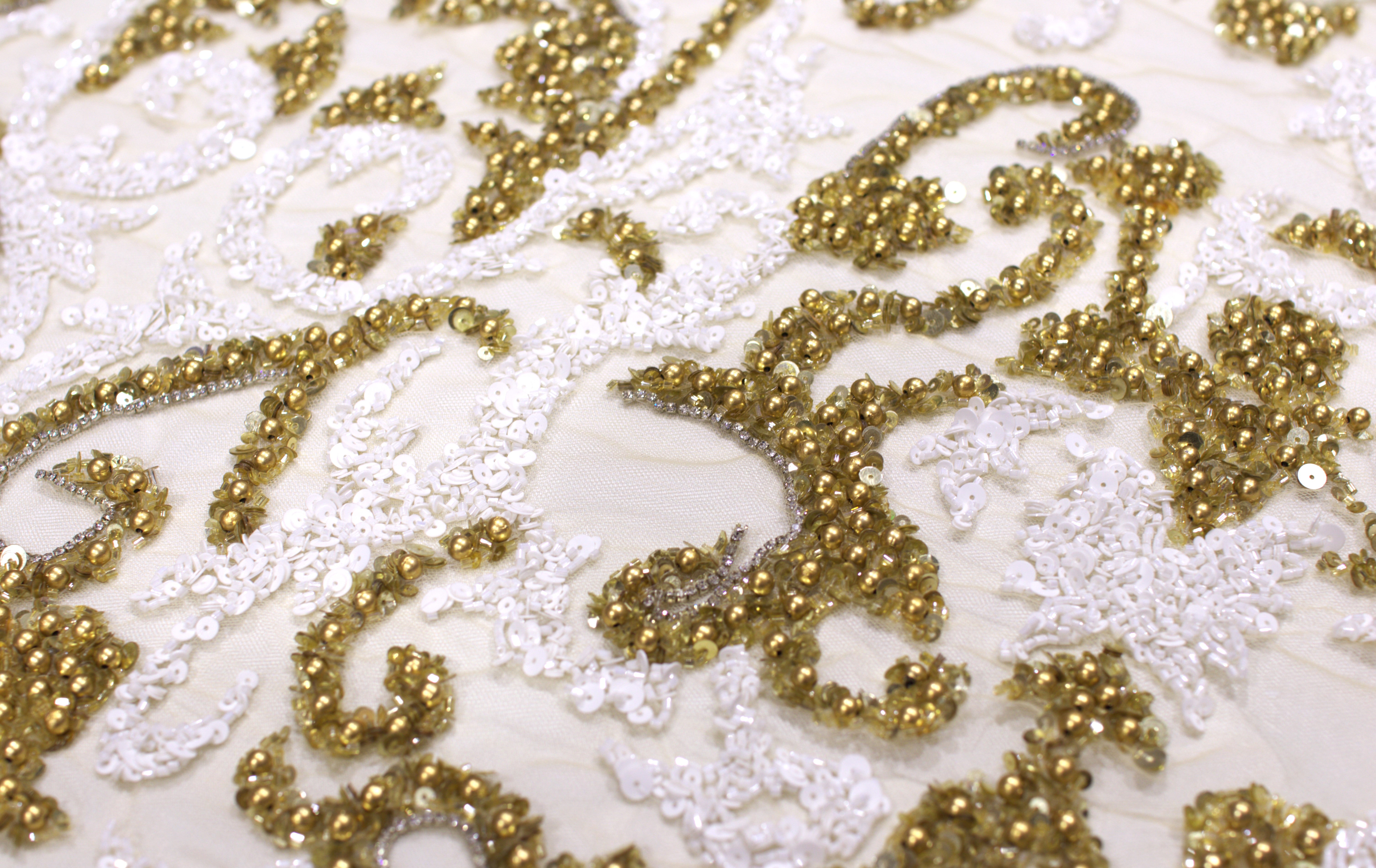 VADIM COUTURE HAND BEADED OPAQUE GOLD AND WHITE